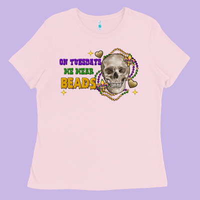 On Tuesdays We Wear Beads Skull Ladies Tee Designed By Fadigitalartstudio