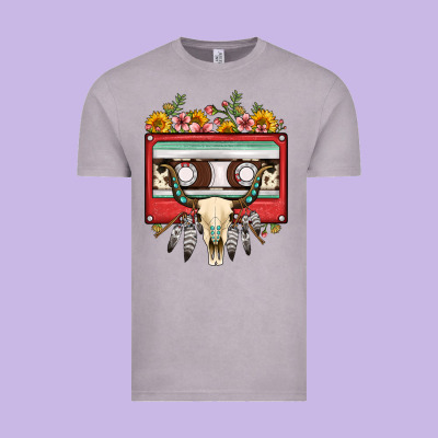 Bull Skull Sunflower Floral Cassette Vintage Tee Designed By Fadigitalartstudio