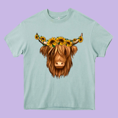 Sunflower Headband Highland Cow Heavy Core Tee Designed By Jasminsmagicworld