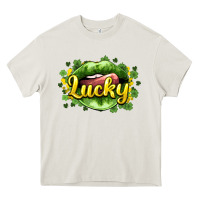 Cream St. Patrick's Day lips lucky Heavy Core Tee - HowdyJamesFarm