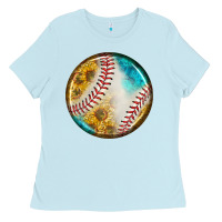 Baby Blue baseball with sunflower round earrings Ladies Tee - BundleAndBundleShop