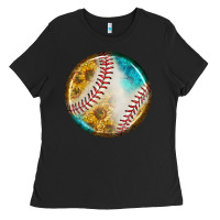 Black baseball with sunflower round earrings Ladies Tee - BundleAndBundleShop