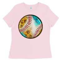 Bubblegum Pink baseball with sunflower round earrings Ladies Tee - BundleAndBundleShop