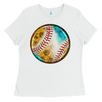 Baseball With Sunflower Round Earrings Ladies Tee | Teevron
