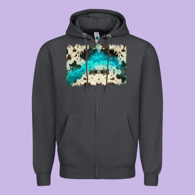 Turquoise, Cowhide Backgraund Zipper Hoodie Designed By Jahusdesignshop