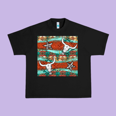 Western Aztec Bull Skull Stars Seamless Pattern Urban Heavy Tee Designed By Bundleandbundleshop
