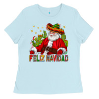 Baby Blue Feliz Navidad Santa With Cactus Ladies Tee - BundleAndBundleShop