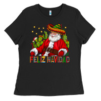 Black Feliz Navidad Santa With Cactus Ladies Tee - BundleAndBundleShop