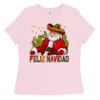 Bubblegum Pink Feliz Navidad Santa With Cactus Ladies Tee - BundleAndBundleShop