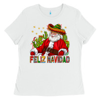 White Feliz Navidad Santa With Cactus Ladies Tee - BundleAndBundleShop