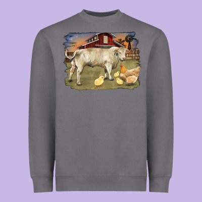 Charolaris Bull And Chicken In Barnyard Heavyweight Sweatshirt Designed By Ranaportraitstore