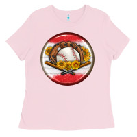 Bubblegum Pink baseball with sunflower round earrings Ladies Tee - BundleAndBundleShop