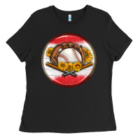 Baseball With Sunflower Round Earrings Ladies Tee | Teevron