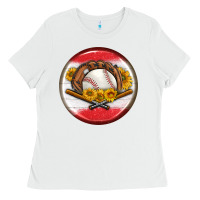 White baseball with sunflower round earrings Ladies Tee - BundleAndBundleShop
