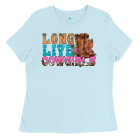 Baby Blue Western Long Live Cowgirls With Roses Ladies Tee - BundleAndBundleShop