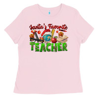 Bubblegum Pink Santa's Favorite Teacher Ladies Tee - FaDigitalArtStudio