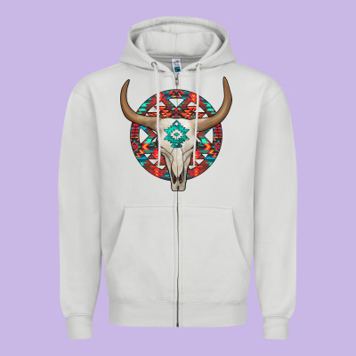 Turquoise Aztec Bullskull Zipper Hoodie Designed By Jahusdesignshop