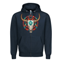 Navy turquoise aztec bullskull Zipper Hoodie - JahusDesignShop