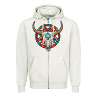 Oatmeal Heather turquoise aztec bullskull Zipper Hoodie - JahusDesignShop