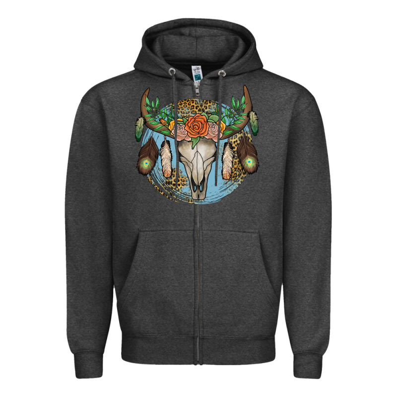 Floral Feather Bull Skull Zipper Hoodie by JahusDesignShop | Teevron