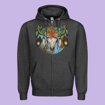 Floral Feather Bull Skull Zipper Hoodie Designed By Jahusdesignshop