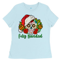 Baby Blue Feliz Navidad Skull Ladies Tee - BundleAndBundleShop