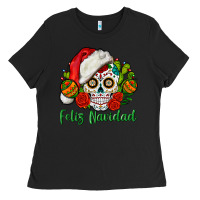 Black Feliz Navidad Skull Ladies Tee - BundleAndBundleShop