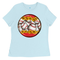 Baby Blue baseball with sunflower round earrings Ladies Tee - BundleAndBundleShop