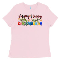 Bubblegum Pink merry happy chrismukkah with olive branch Ladies Tee - FaDigitalArtStudio