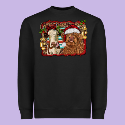 Christmas Heifer And Highland Cow With Serape Background Heavyweight Sweatshirt Designed By Ranaportraitstore