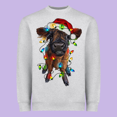 Highland Cow Calf With Christmas Lights Heavyweight Sweatshirt Designed By Ranaportraitstore