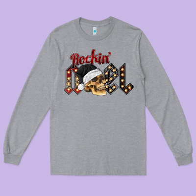 Rockin Noel Skull Long Sleeve Tee Designed By Cowhidedigitalart