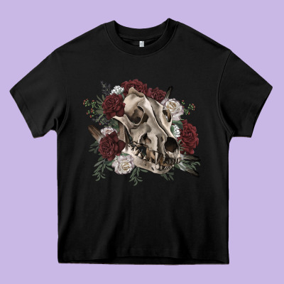 Floral Boho Wolf Skull Heavy Core Tee Designed By Ranaportraitstore