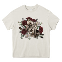 Cream Floral boho wolf skull Heavy Core Tee - RanaPortraitStore