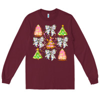 Burgundy Christmas Trees And Bow Long Sleeve Tee - CowhideDigitalArt