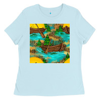 Lake Boat Rudder And Sunflowers Seamless Pattern Ladies Tee | Teevron