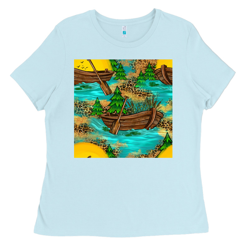 Lake Boat Rudder And Sunflowers Seamless Pattern Ladies Tee by BundleAndBundleShop | Teevron