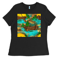 Black Lake Boat Rudder And Sunflowers Seamless Pattern Ladies Tee - BundleAndBundleShop