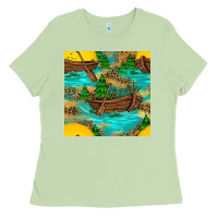 Matcha Lake Boat Rudder And Sunflowers Seamless Pattern Ladies Tee - BundleAndBundleShop
