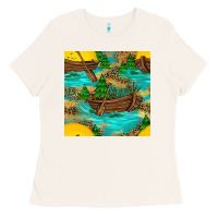 Bone Lake Boat Rudder And Sunflowers Seamless Pattern Ladies Tee - BundleAndBundleShop