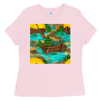 Bubblegum Pink Lake Boat Rudder And Sunflowers Seamless Pattern Ladies Tee - BundleAndBundleShop