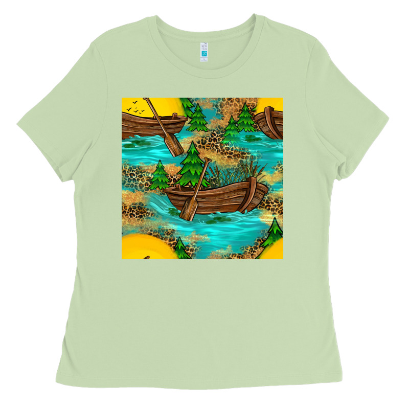 Lake Boat Rudder And Sunflowers Seamless Pattern Ladies Tee by BundleAndBundleShop | Teevron