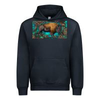 Navy Bison with leopard and turquoise Urban Hoodie - RanaPortraitStore