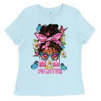 Baby Blue Mom Is A Fighter And Afro Messy Bun Mom Ladies Tee - BundleAndBundleShop