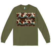 Army Green Longhorn Cow Pattern Long Sleeve Tee - CowhideDigitalArt