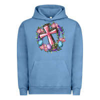 Pigment Pebble Blue Cross With Floral Wreath And Easter Eggs Urban Hoodie - RanaPortraitStore