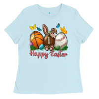 Baby Blue Happy Easter Sports With Butterfly Ladies Tee - BundleAndBundleShop