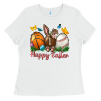 White Happy Easter Sports With Butterfly Ladies Tee - BundleAndBundleShop