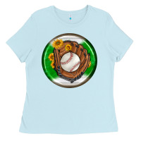 Baby Blue baseball with sunflower round earrings Ladies Tee - BundleAndBundleShop
