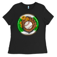Baseball With Sunflower Round Earrings Ladies Tee | Teevron